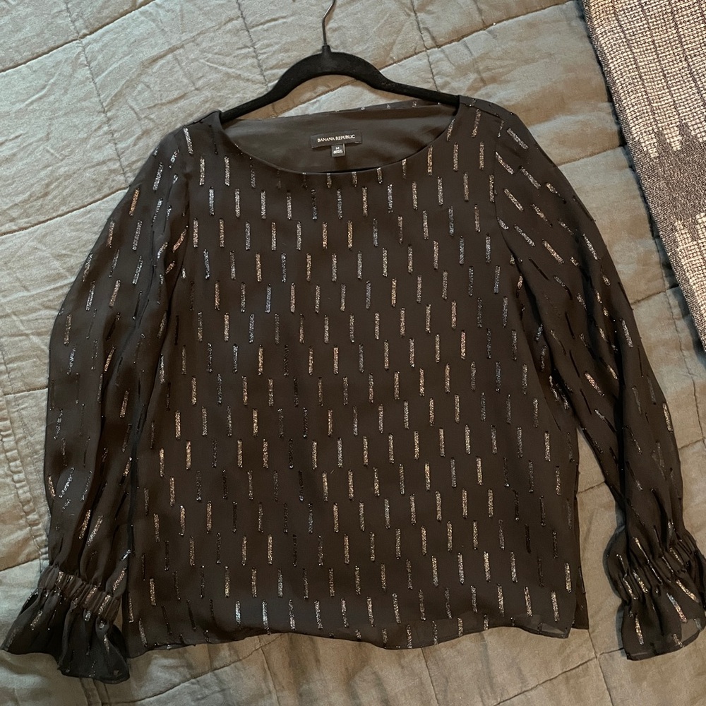 Banana Republic Black Blouse with Silver Metallic Stripes